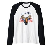 Alce de Alaska con Bandera Americana Recuerdo del Estado de Alaska Camiseta Manga Raglan