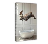 Alce saltando en la bañera, divertida decoración de pared de baño, animales tomando un baño, foto retro de estilo vintage, impresión de alce, Ai Art-1