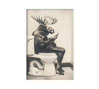 Alce sentado en el inodoro viendo el teléfono, divertida decoración de pared de baño, foto de animales de estilo vintage, humor peculiar, Ai Art-1
