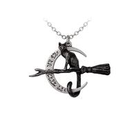 Alchemy England, Collar fino de peltre gótico inglés, colgante de gato negro en escoba y luna, 18g