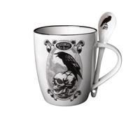 Alchemy Juego de taza y cuchara England, taza de té con diseño de calavera gótica del cuervo de Poe, Nevermore