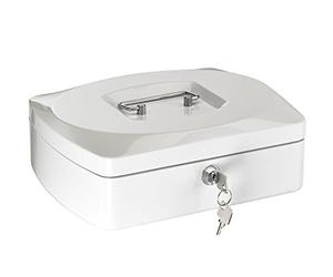 Alco-Albert 8420-10 - Caja de dinero con cerradura, caja registradora con tablero para contar monedas, 2 llaves, 255 x 90 x 200 mm, blanco