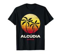 Alcudia España Retro Palmera Atardecer Playa Tropical Camiseta