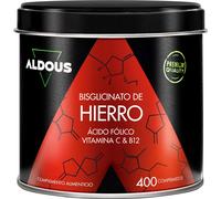Hierro Suplemento 28 mg + Vitamina C, B12 y Acido Folico - 400 Comprimidos - Bisglicinato de Hierro y Vitamina C - Glóbulos Rojos, Hemoglobina - Vitaminas para el Cansancio - Vegano - Iron - Aldous
