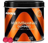 Gominolas Multivitaminas - 120 Gummies sabor natural Mora - 12 vitaminas y minerales - Todas las Vitaminas C, D, B12, E, A, B6, B5, Biotina, Ácido Fólico, Zinc, Yodo, Colina - ALDOUS