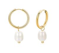 Aleasha Pendientes de aro de perlas de agua dulce para mujer, acero inoxidable, chapados en oro de 18 quilates, 16 mm, joyería de boda, Medio, Perla, Sin piedra preciosa