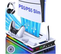 ALEEMTRY Soporte para PS5 Slim/Pro/Disc & Digital, con ventilador de 3 niveles y estación de carga para controlador PS5/4 x USB C hembra