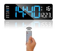 ALEENFOON Reloj de pared digital, reloj digital grande de 13" con control remoto, reloj despertador digital con 2 alarmas/temperatura/fecha/hora/brillo ajustable/cuenta regresiva (Azul)