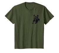 Alegre Bulldog francés Negro en el Pecho Camiseta, Niños, Verde Oliva, 8 años