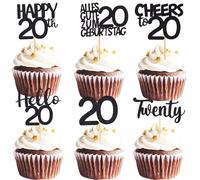 ALEGRE Cupcake Topper 20 Geburtstag Mann, 24 Stück Muffin Deko 20 Geburtstag Frau Schwarz Glitzer Cupcake Deko 20th Geburtstagdeko, Happy 20th Tortendeko 20 Geburtstagdeko, 2005 Kuchen Deko 20