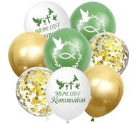 ALEGRE® Globos decorativos para bautizos, 20 unidades, diseño de Mi Primera Comunión, color verde y dorado, globos de eucalipto para comuniones, confirmaciones, baby shower, decoración de fiesta