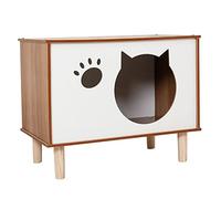 ALEjon Casa para Mascotas marrón y Blanca, mesita de Noche para casa de Gatos con Patas de Madera y patrón de Huella Calada, gabinete/mesita de Noche Estable para Gatos