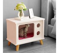 ALEjon Mesa Auxiliar para Interior de casa de Gatos, casa para Mascotas con Forma de TV con Patas de Madera y Ventana Redonda Hueca, habitación Multiusos para Mascotas para la Sala de Estar del hogar