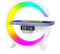 ALEJOS RISE Lampara mesita noche LED con Altavoz Bluetooth, Reloj Despertador Amanecer, Carga Inalámbrica, 10 Modos RGB, despertador luz natural, despertador solar, Diseño Moderno para Dormitorio.