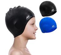 Alepo Pack de 2 gorros de natación para niños y niñas, gorro de baño de silicona duradero, con protector de orejas 3D, gorro de natación para niños pequeños, pelo largo de 3 a 15 años, clip nasal,