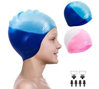 Alepo Pack de 2 gorros de natación para niños y niñas, gorro de baño de silicona duradero, con protector de orejas 3D, gorro de natación para niños pequeños, pelo largo de 3 a 15 años, clip nasal azul