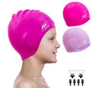 Alepo Paquete de 2 gorros de natación para niños y niñas, gorro de natación de silicona duradera con bolsillos 3D para las orejas para niños de 3 a 15 años, gorro de baño para cabello largo con tapón