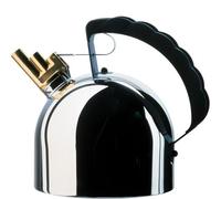 Alessi 9091 FM - Hervidor con Silbato Melódico, Acero y Latón, Negro | Hervidor con silbato melódico, diseñado por Richard Sapper, para agua, té e infusiones, apto también para inducción
