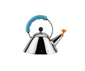 Alessi 9093/1 - Hervidor con Silbato de Pájaro, Acero Inox, Azul Claro | Hervidor con silbato, diseñado por Michael Graves, con fondo magnético apto también para placas de inducción