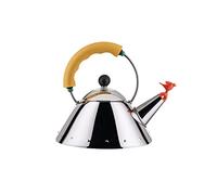 Alessi 9093/1 Y - Hervidor con Silbato de Pájaro, Acero Inox, Amarillo | Hervidor con silbato, diseñado por Michael Graves, con fondo magnético apto también para placas de inducción