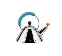 Alessi Kettle 9093/1 LAZ - Hervidor de Design, para la Cocción por Inducción, Fondo en Acero Inoxydable 18/10 Brillante con Mango y Chiflete en Forma de Pajarito en PA, Azul, 100cl