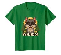 Alex - Diseño de Lobo con Nombre para Niños Camiseta, Niños, Verde Kelly, 6 años