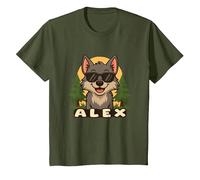 Alex - Diseño de Lobo con Nombre para Niños Camiseta, Niños, Verde Oliva, 10 años