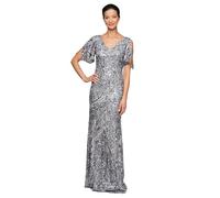 Alex Evenings Long Mother of The Bride Sequin Dress with Cold Shoulder Flutter Sleeves (Petite and Regular Sizes) Vestido para ocasión Especial, Plata, 40 Chiquita para Mujer