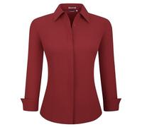 Alex Vando Camisas de Vestir para Mujer, Ajuste Regular, Manga Larga, Camisa de Trabajo elástica, Solapa Oculta Rojo, L