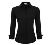 Alex Vando Camisas de Vestir para Mujer, Ajuste Regular, Manga Larga, Camisa de Trabajo elástica, Solapa Oculta Negra, L