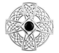 Alexander Castle Broche de plata de ley 925 con cruz celta para mujer, broche con circonita cúbica negra y caja de regalo, 35 mm x 35 mm, Plata esterlina, Circonia cúbica