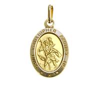 Alexander Castle Medalla de oro macizo de 9 quilates con colgante de San Cristóbal - con caja de regalo para joyas - grabado «Saint Christopher Protect Us», Oro amarillo