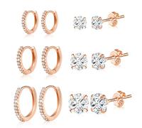 ALEXCRAFT Ensemble de boucles d'oreilles et clous créoles en or rose pour femme, plaqué argent 925/14 carats, petites boucles d'oreilles créoles hypoallergéniques en óxido de circonio (6 pares)