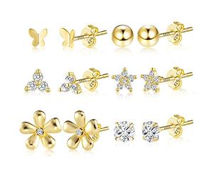 ALEXCRAFT Juego de Aretes de Oro 925 y Plata Guess para Mujeres y Hombres - Zirconia Cúbica de 14 Quilates (6 Pares, 5 mm)