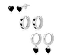 ALEXCRAFT Pendientes Mujer Plata Aros 925 Post Corazón Plata Aros Plata Mujer Corazon Pendientes Plata Mujer Conjunto Pack De Corazones Negros