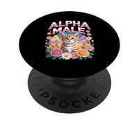 Alfa Masculino Funny Tabby Cat Flowers Rainbow PopSockets PopGrip Adhesivo