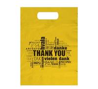 ALFAEX Paquete de 40 bolsas troqueladas de agradecimiento en varios idiomas Fuerte y reutilizable para pequeñas empresas y artículos de regalo Refuerzo de 30,5 x 38 x 4 cm, Amarillo dorado, Mediano