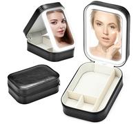 ALFFREUDE Bolsa de Maquillaje con Espejo y Luz, Maletín Maquillaje con LED Espejo, Caja Organizadora de Maquillaje Portátil con 3 Luces de Relleno De Color con Separadores, Negro