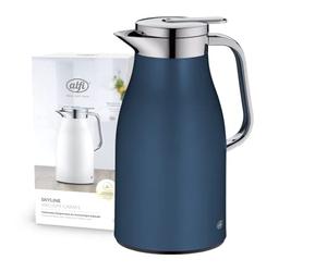 alfi SKYLINE 1,0 l, jarra isotérmica de acero inoxidable con inserción higiénica de vidrio duro, tapón de rosca con cómodo pulsador, mango ergonómico a una mano, ideal como jarra de café o té, sin BPA