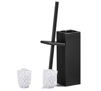 ALFKET Escobilla WC con Mango y Portaescobillas de Acero Inoxidable, Cuadrado Escobillero para Baño con 2 Cabezales, 8x8x42.5cm, Negro