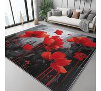 Alfombra 100 X 150 Cm Pintura Al Óleo Tinta Flores - Pelo Corto Lavable Y Antideslizante, Alfombra Moderna para Sala, Dormitorio, Comedor - Rojo Negro Decoración Habitación