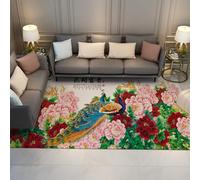 Alfombra 100x150 de área Alfombrilla Lavables a máquina para salón peonía Pavo Real Tapete Grandes Dormitorio Comedor Antideslizante Interior Suave y Ligera Zona Floral Oriental Fina