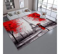 Alfombra 140 x 200 cm - Pintura Al Óleo Retro Torre Eiffel Parejas Alfombra Antideslizante de Pelo Corto para Dormitorio, Ideal para Sala de Estar, Dormitorio y Comedor Gris Rojo