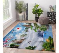 Alfombra 140x200 Lavables Salón Cielo Azul montañas brumosas Escena del río impresión de Gran Superficie Alfombrilla Antideslizante Cascada Pelo bajo Tapete Paisaje Oficina Interior para