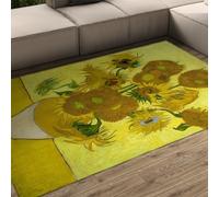 Alfombra 140x200 Yellow Sunflower para el salón Alfombrilla Lavables de Oficina Zona Interior Tapete Pintura al óleo Floral Dorada Respaldo Antideslizante Suave Pelo bajo Comedor Cocina