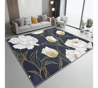 Alfombra 160 X 230 Cm Estilo De Lujo Ligero Tulipanes Peonías - Suave, Lavable A Máquina Y Antideslizante, Alfombra De Pelo Corto Anti-Fading para Sala De Estar, Dormitorio Y Comedor - Azul Dorado