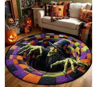 Alfombra 3D de Halloween, Felpudo Redondo con ilusión óptica, Tejido Suave y Duradero, diseño con Profundidad Espeluznante, Motivos de Brujas, Esqueletos y Calabazas, para la A2 60×60cm（23.6"×23.6"）