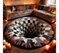 Alfombra 3D de Halloween, Felpudo Redondo con ilusión óptica, Tejido Suave y Duradero, diseño con Profundidad Espeluznante, Motivos de Brujas, Esqueletos y Calabazas, para la A1 60×60cm（23.6"×23.6"）