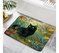 Alfombra 3d Esterilla de baño antideslizante para gatos negros, flores coloridas y plantas verdes con estilo artístico de pintura al óleo, suave franela decoración de baño Decoraciones navideñas