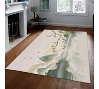 Alfombra 60x90cm Montañas Chinas Verde Salvia Vintage | Magnolia White Floral Ink Wash Landscape Low Pile Washable Carpet para salón cocina y comedor